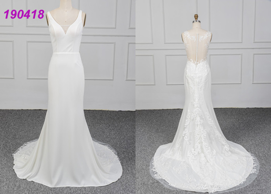 칼집 디자인이 소매 없는 Crepe 결혼 예복에 의하여 Vestido De Noiva Lace 아플리케를 합니다